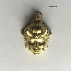 Hannya Oni Devil Ghost Mask Gold Tone Solid Copper Pendant w 45cm & 50cm Chains